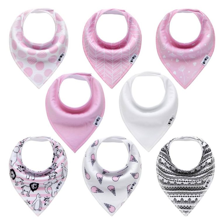 For the DIY mom w/ no time - Keep your baby girl dry from drool and clean from mess with these cute, 100% cotton bandanna bibs. Comes in 8 different adorable patterns! | No baby? These make an excellent baby shower gift!