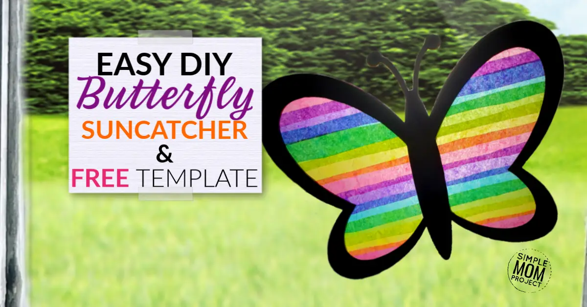 Print your FREE template and give your windows a fun stained glass effect with this easy, DIY Easter Spring Butterfly Suncatcher craft! Great for kids, toddlers and adults! #Spring #springcrafts#ButterflyCrafts