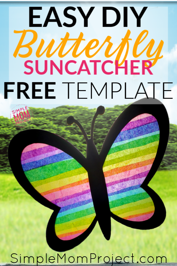 Print your FREE template and give your windows a fun stained glass effect with this easy, DIY Spring Butterfly Suncatcher craft! Great for kids, toddlers and adults! #Spring #springcrafts #ButterflyCrafts 