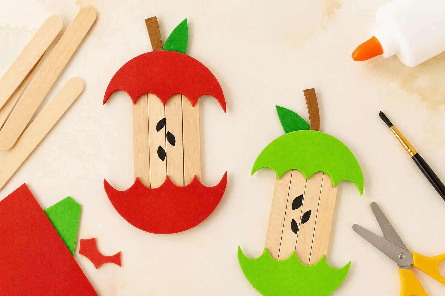 Red and green popsicle stick apple core crafts displayed with craft foam, glue, paintbrush and scissors.