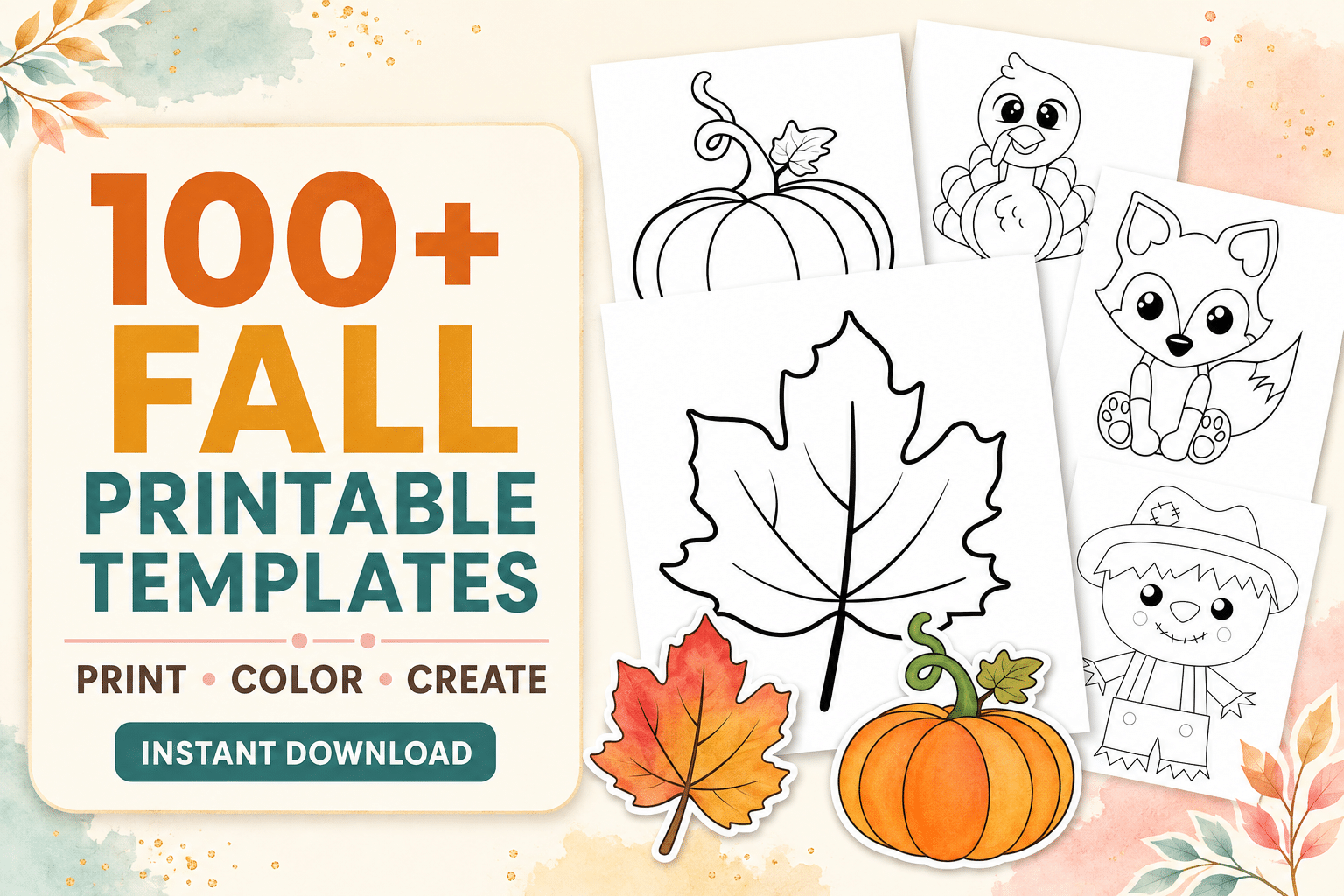 No-prep fall printable bundle with a child coloring a leaf template