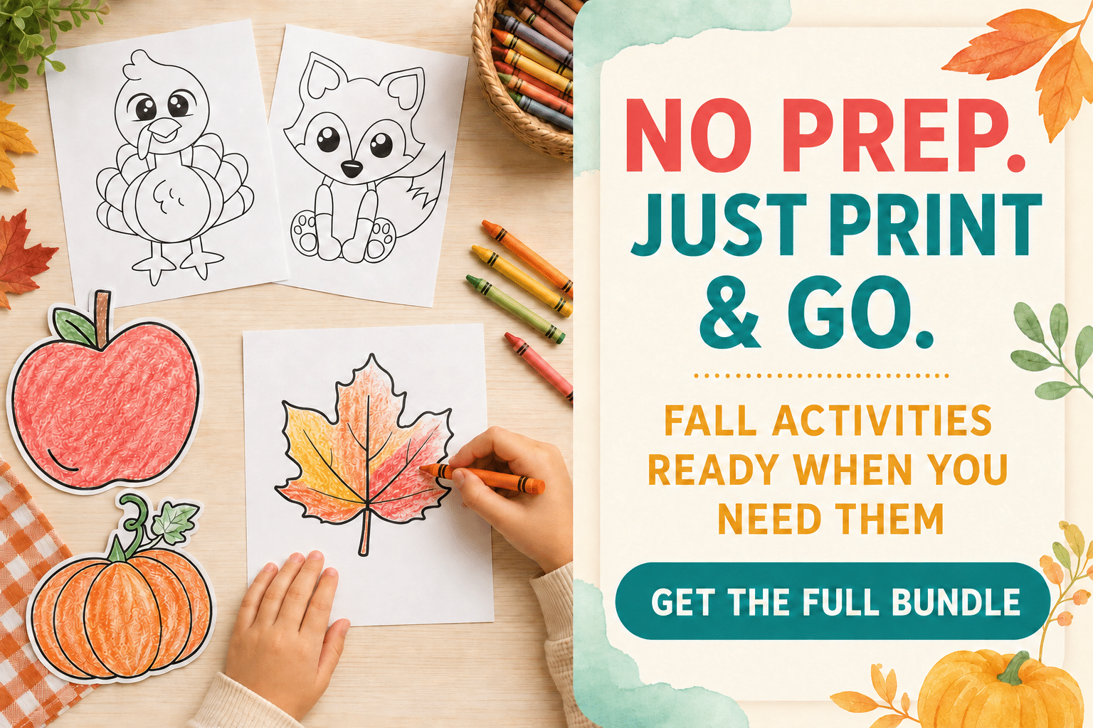 Printed fall activities with leaf templates, crayons and scissors ready for kids to color and cut