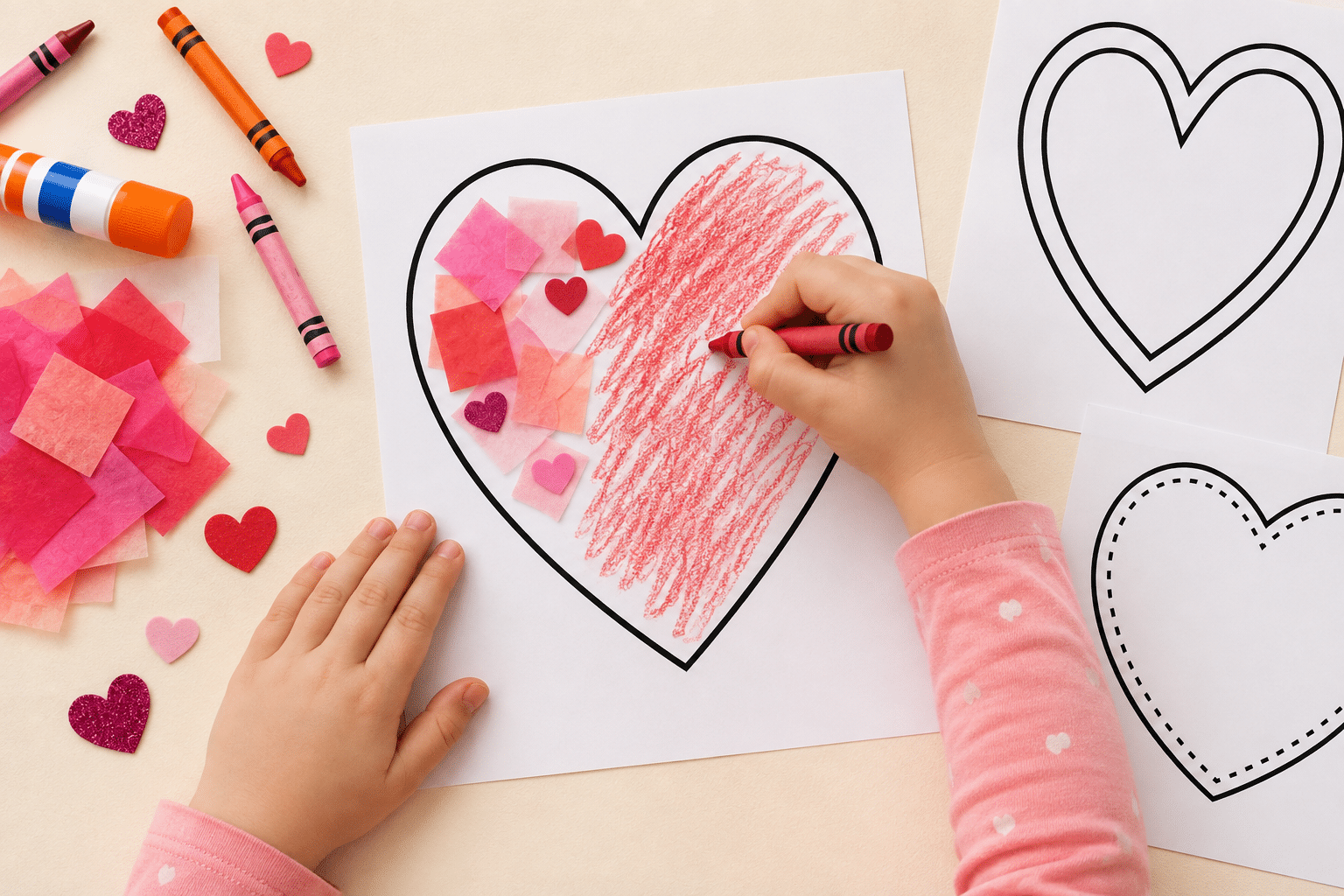 Child coloring a large printable heart with red crayon and decorating it with pink and red tissue paper.