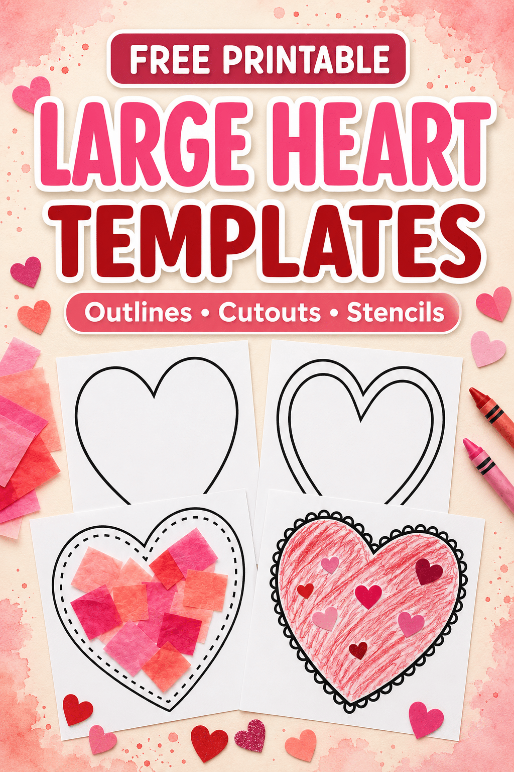Pinterest graphic reading “Free Printable Large Heart Templates” above heart outlines decorated with pink and red craft supplies.