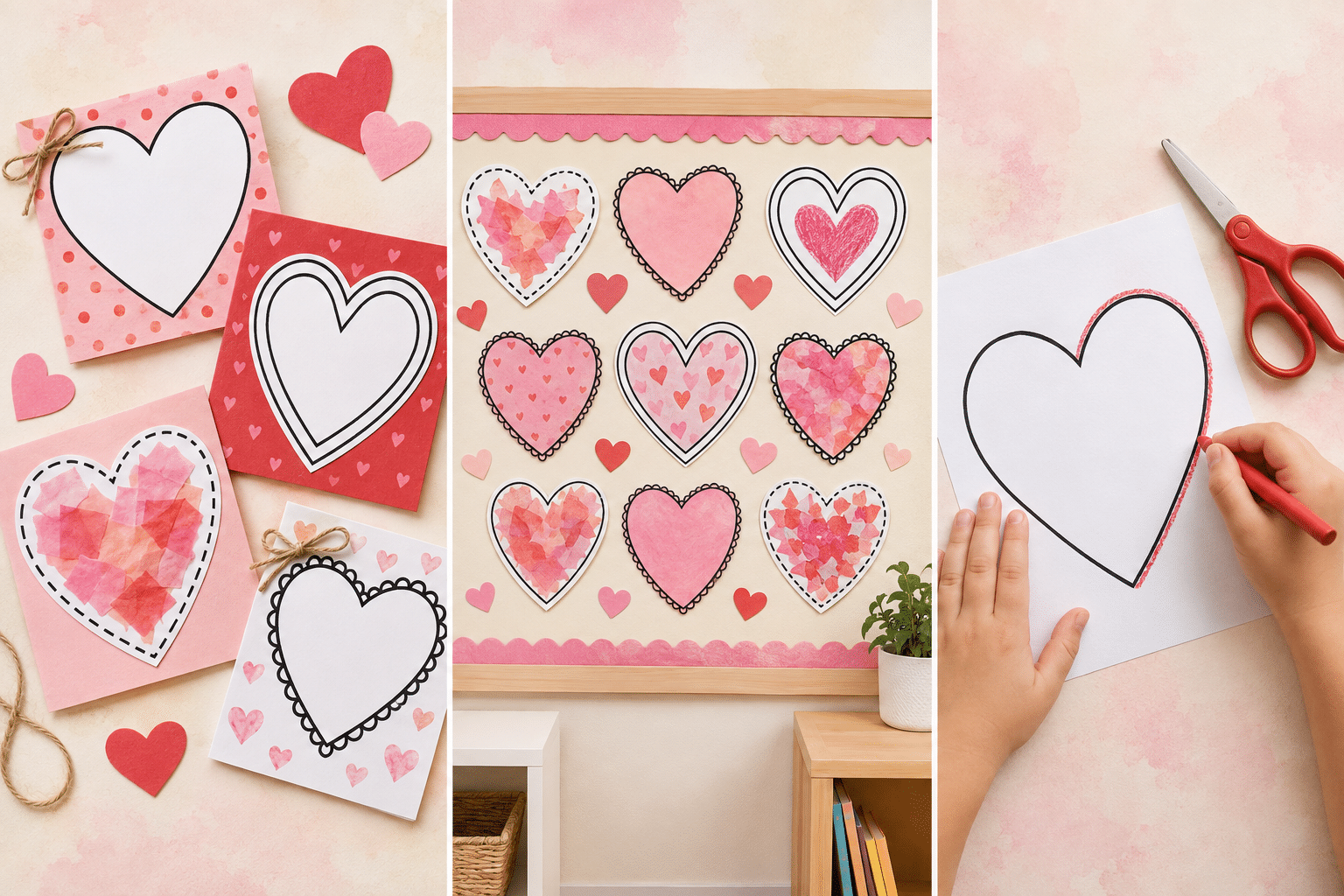 Child coloring a large printable heart with red crayon and decorating it with pink and red tissue paper.