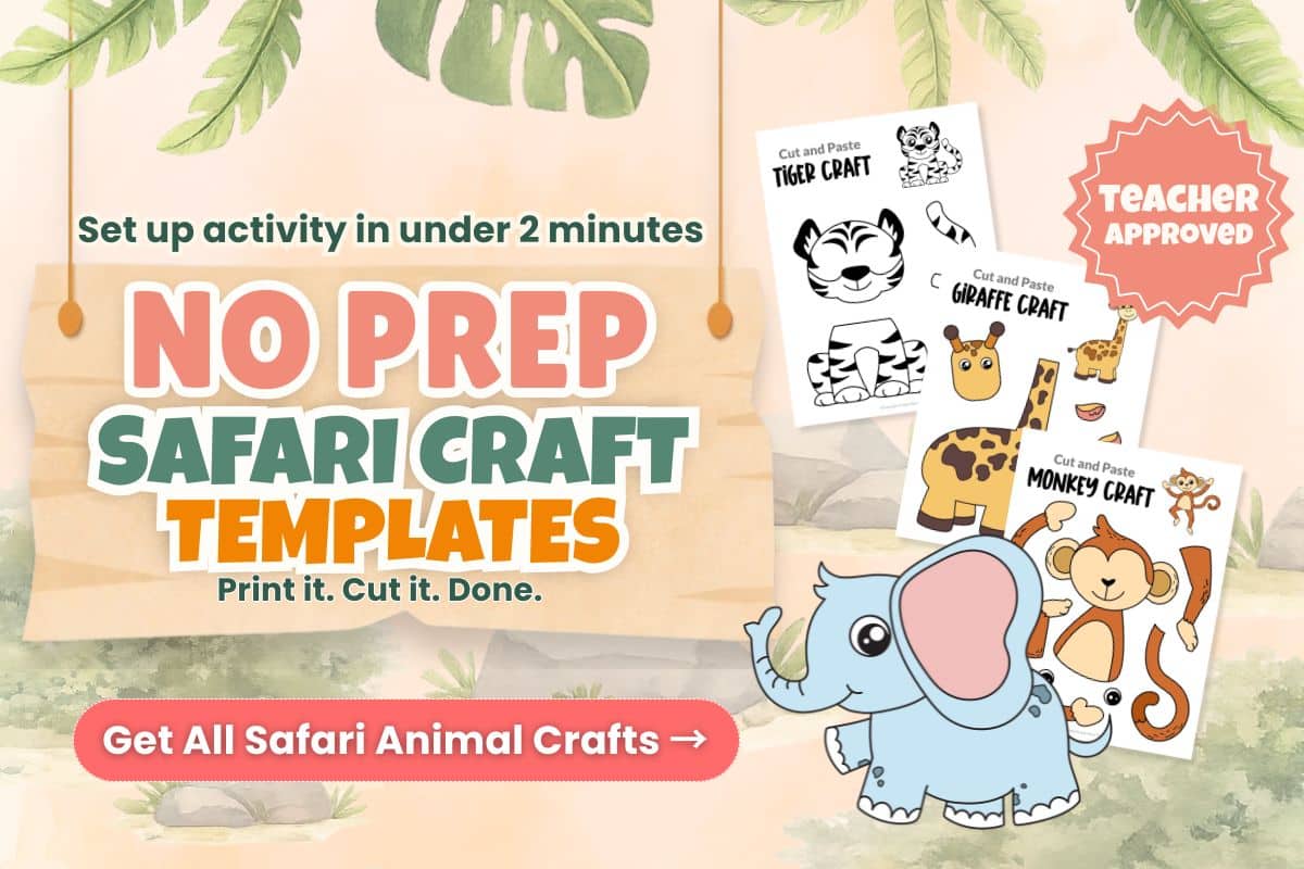 printable safari animal crafts for kids elephant lion giraffe zebra cut and paste bundle preschool kindergarten classroom activities