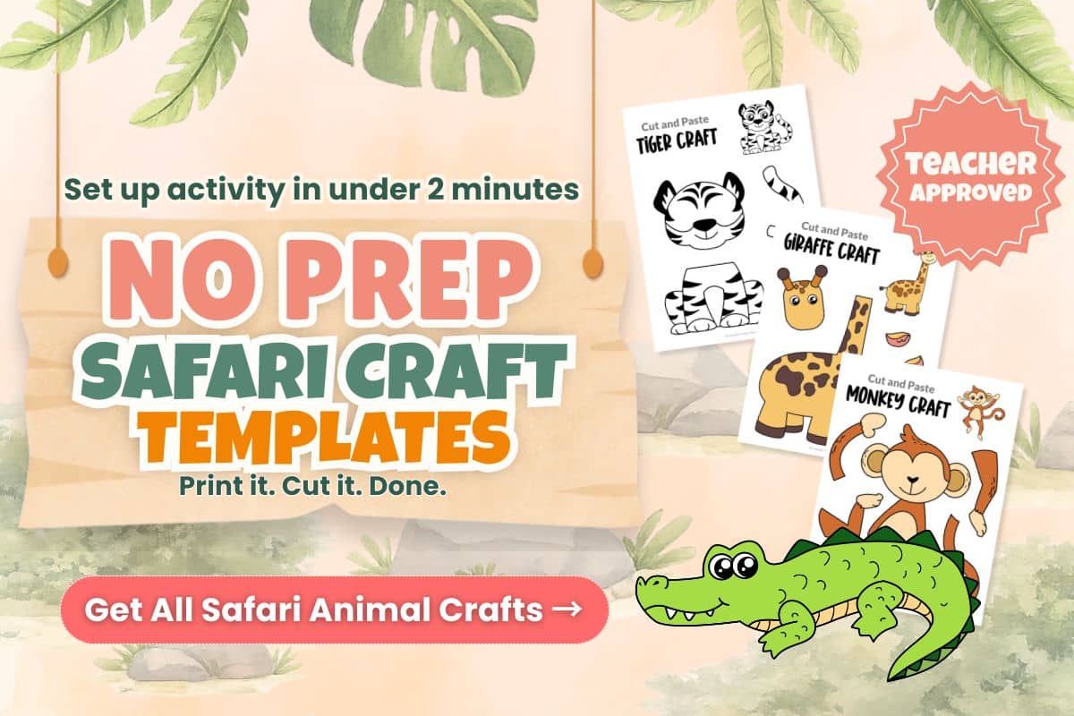 printable jungle animal crafts for kids crocodile monkey tiger cut and paste bundle preschool kindergarten homeschool activities