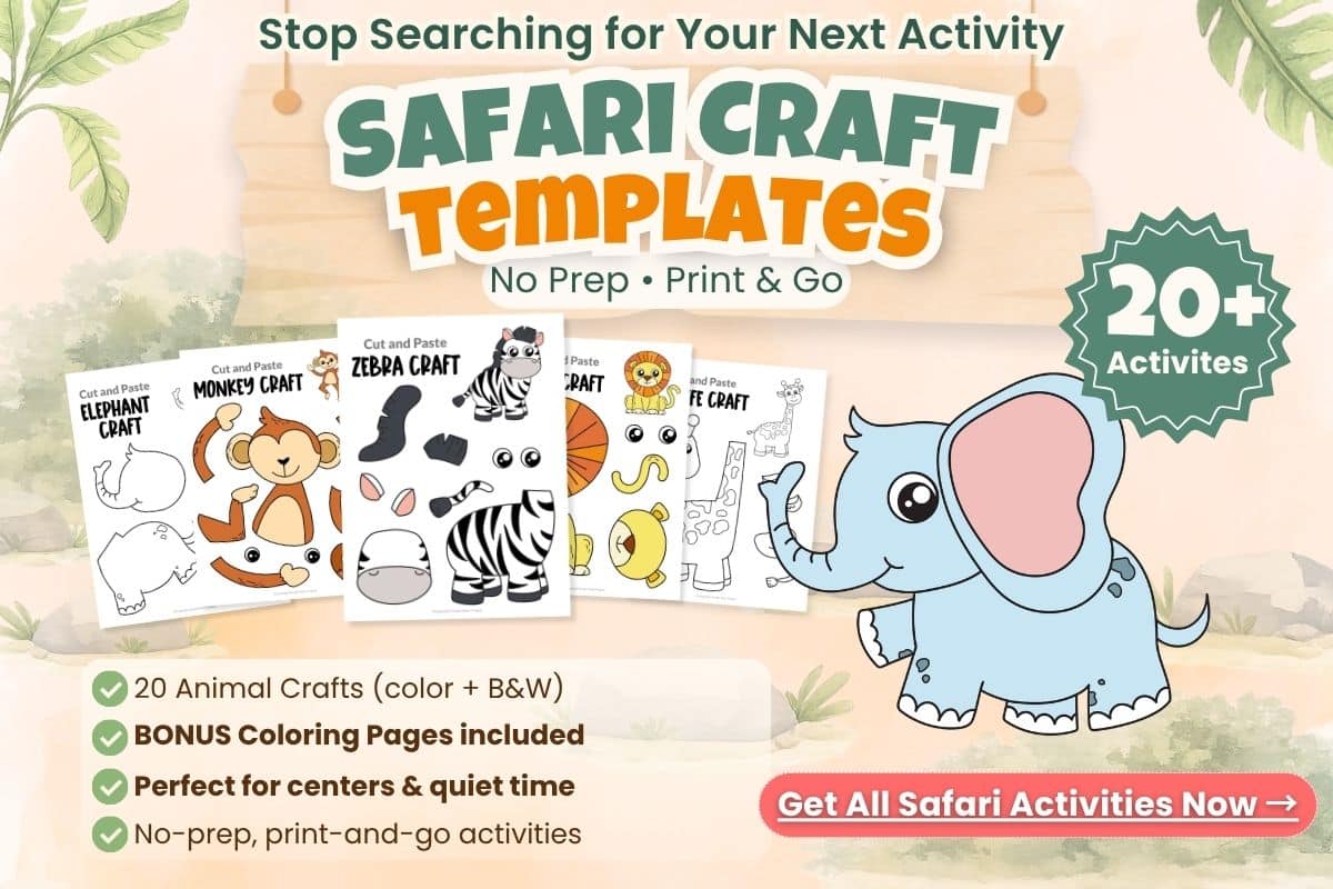 easy elephant craft for kids free printable cut and paste safari animal activity for fine motor skills preschool kindergarten classroom use