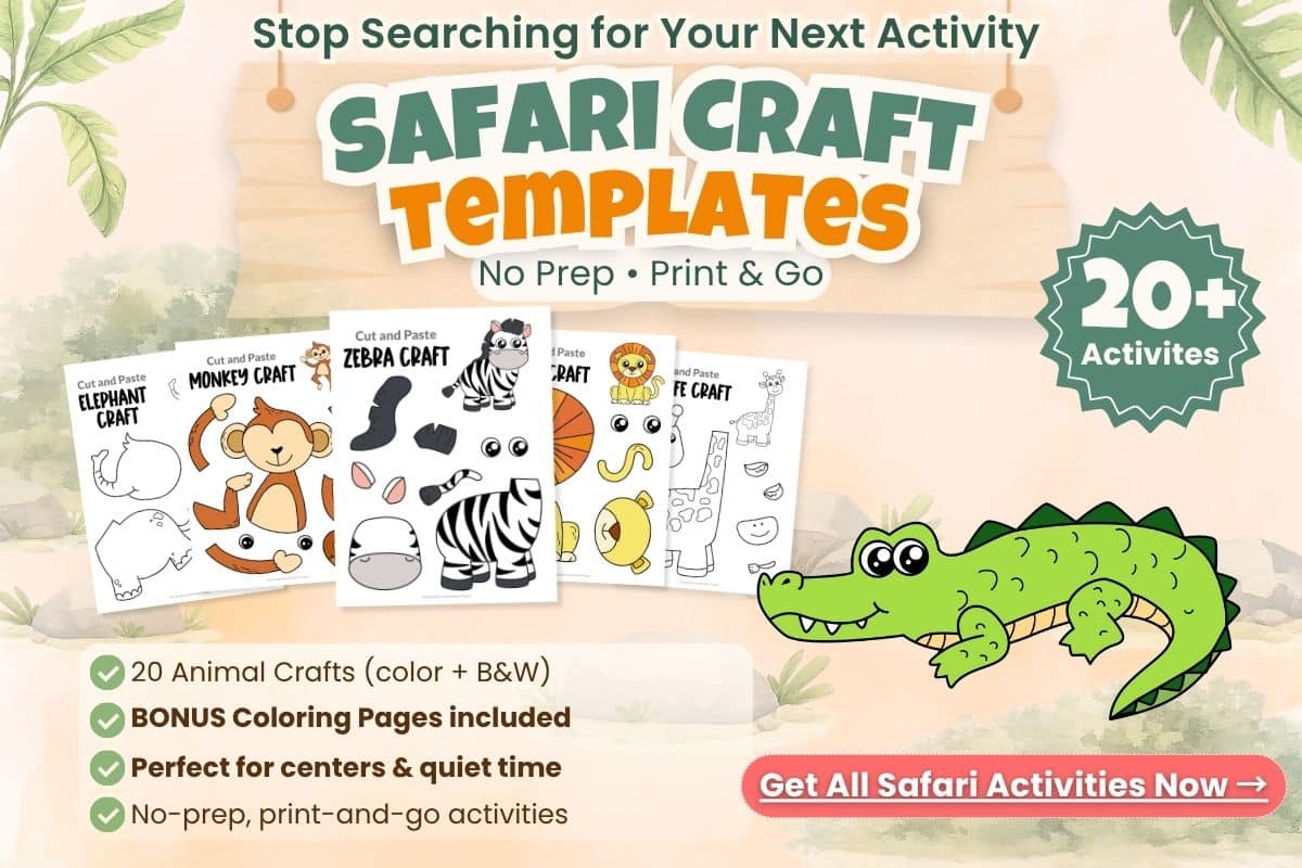no prep crocodile craft activity for kids printable jungle animal craft template instant download preschool kindergarten easy activity