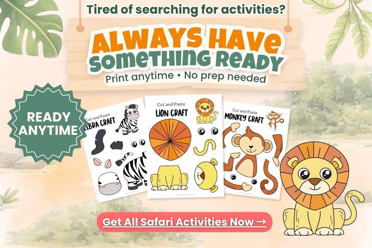 printable safari animal crafts for kids lion zebra elephant giraffe cut and paste bundle preschool kindergarten classroom activities