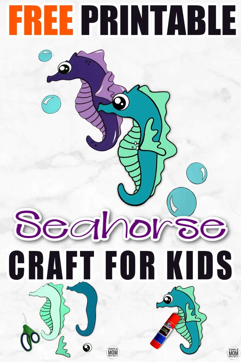 Looking for your next ocean theme preschool craft? Use our free printable seahorse template to make this fun ocean themed arts and craft project. You can even name him Mister Seahorse if you would like! This sea creature is especially fun to make with toddlers and kindergarten age kids too! #seahorse #seahorsecrafts #oceananimals #oceananimalcrafts #SimpleMomProject
