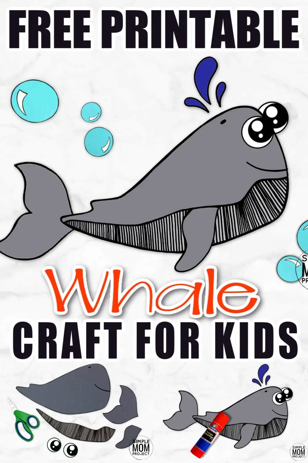 Looking for a fun summer craft or maybe a cute greeting card to cheer someone up? Click now to print this cute whale template and paste together an ocean full of fun! He is perfect for kids of all ages, including preschoolers and toddlers! #whalecrafs #spermwhalecrafts #oceananimals #oceananimalcrafts #simplemomproject