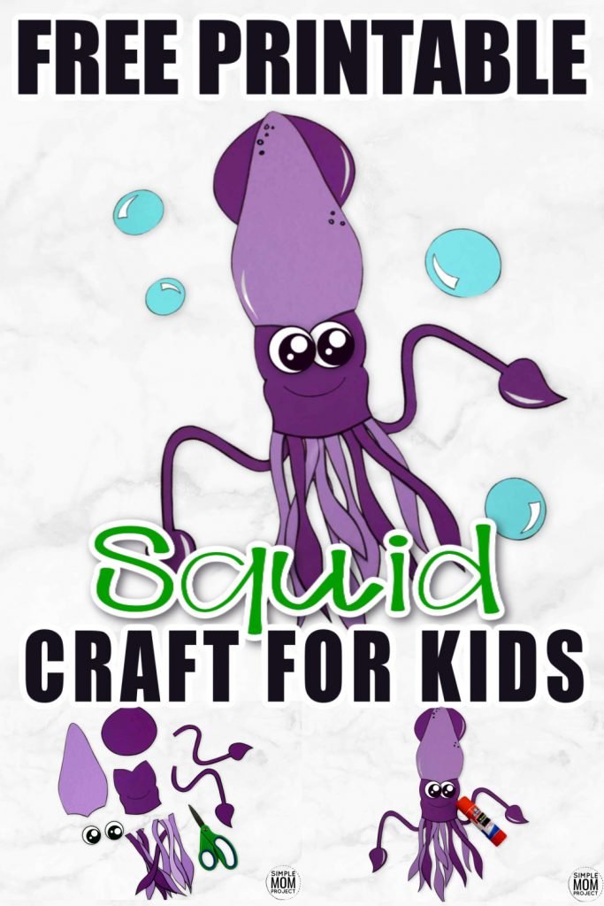 This easy giant squid craft is perfect diy ocean themed craft for kids of all ages including preschoolers and toddlers! Use our free printable squid template and get this paper arts and craft idea started! #squid #squidcraft #oceananimal #oceananimalcrafts #SimpleMomProject