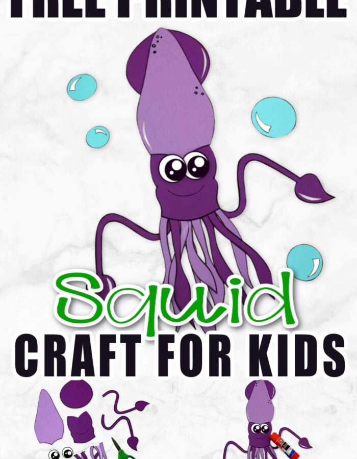 This easy giant squid craft is perfect diy ocean themed craft for kids of all ages including preschoolers and toddlers! Use our free printable squid template and get this paper arts and craft idea started! #squid #squidcraft #oceananimal #oceananimalcrafts #SimpleMomProject