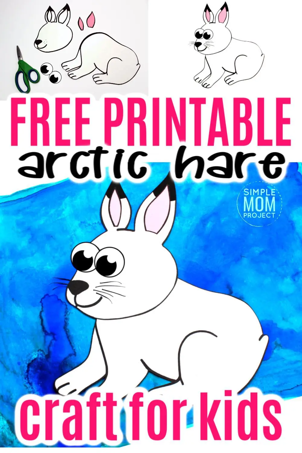 Looking for a fun winter arctic animal craft idea? Use our free printable arctic hare template to make this super cute arctic hare craft. He is perfect for kids of all ages, especially preschoolers, toddlers and kindergartners. #arctichare #arcticharecraft #arcticanimal #arcticanimalcraft #SimpleMomProject