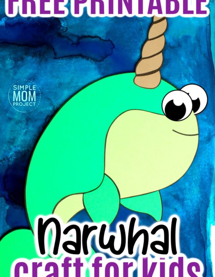 Are you teaching the letter N to your preschooler or planning a narwhal birthday party? Use our free printable narwhal template and your favorite narwhal plush and make this easy diy narwhal craft. This cute arctic animal narwhal craft is a great paper craft for kids of all ages including kindergartners and toddlers #narwhal #narwhalbirthday #narwhalcrafts #arcticanimals #arcticanimalcrafts #SimpleMomProject