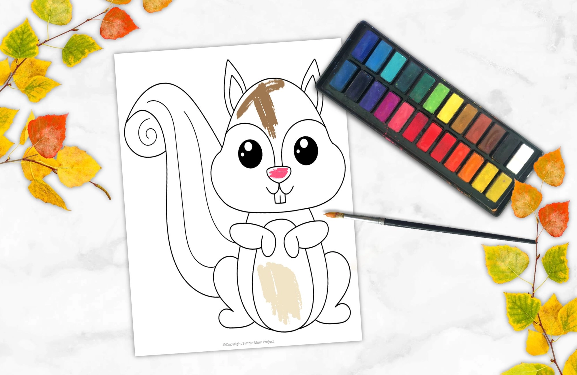 Free Printable Woodland Forest Squirrel Coloring Page for Kids Preschoolers Toddlers and kindergartners
