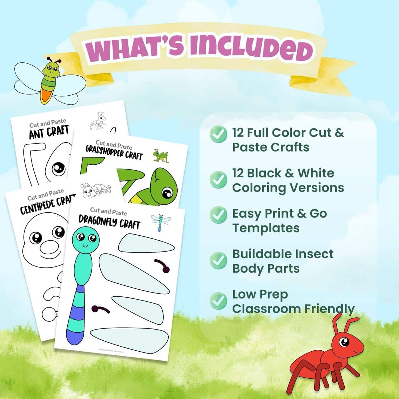 Printable bug and insect craft bundle template for preschool, kindergarten and kids of all ages