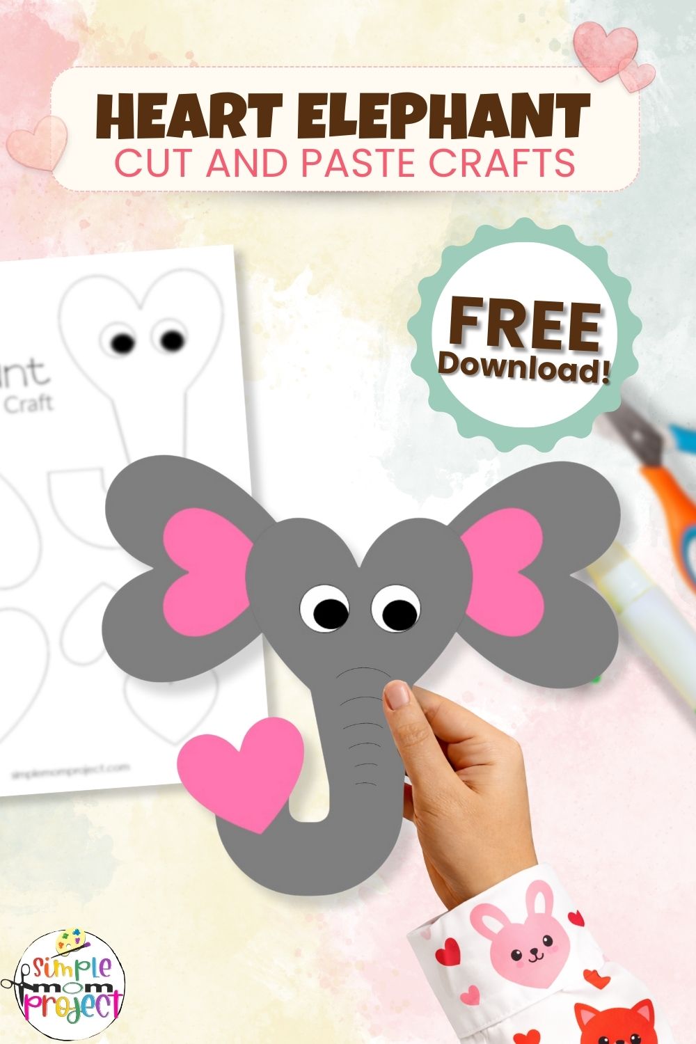 Printable heart elephant template for kids of all ages
