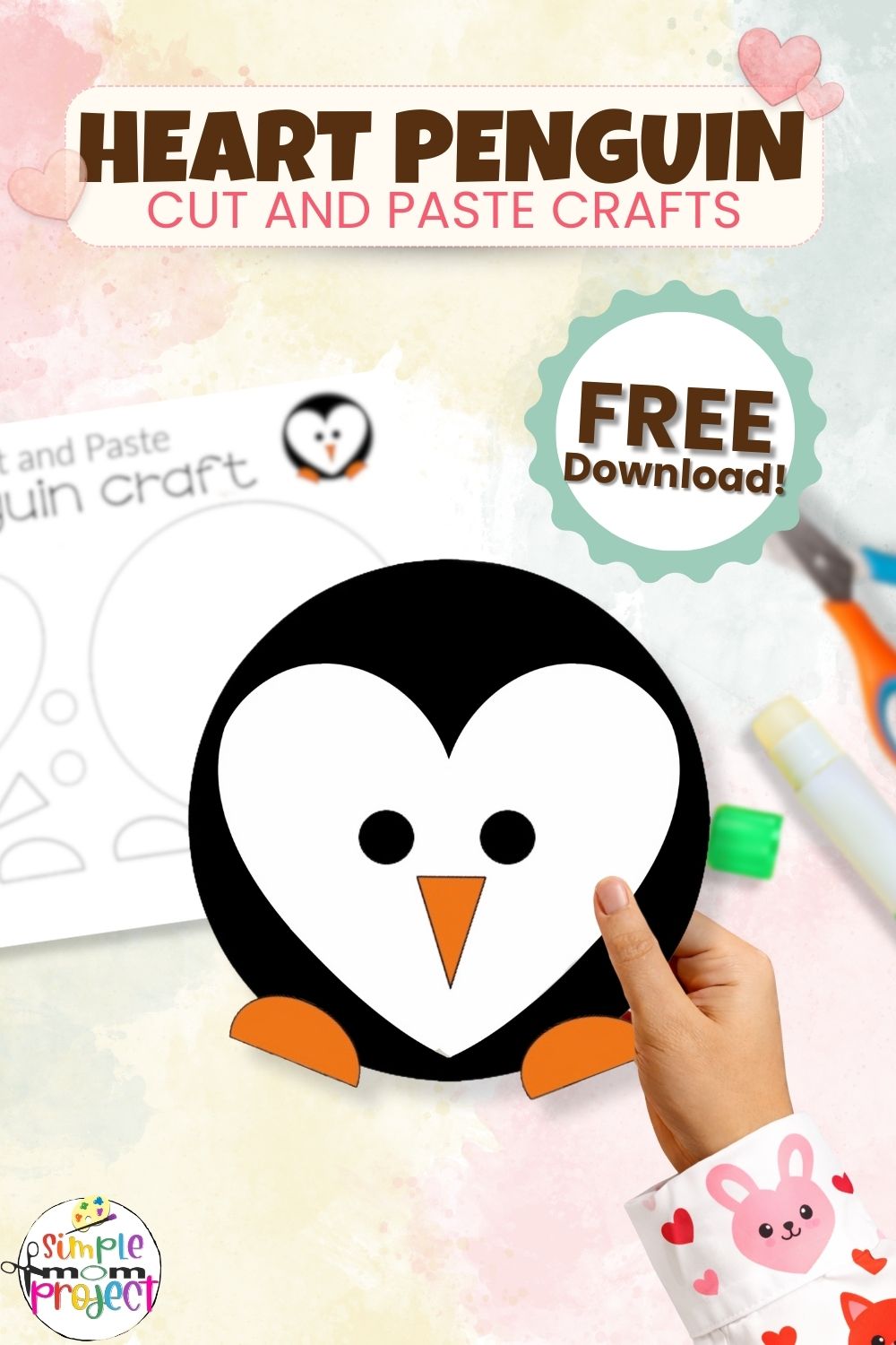 Printable heart penguin shape template for kids of all ages