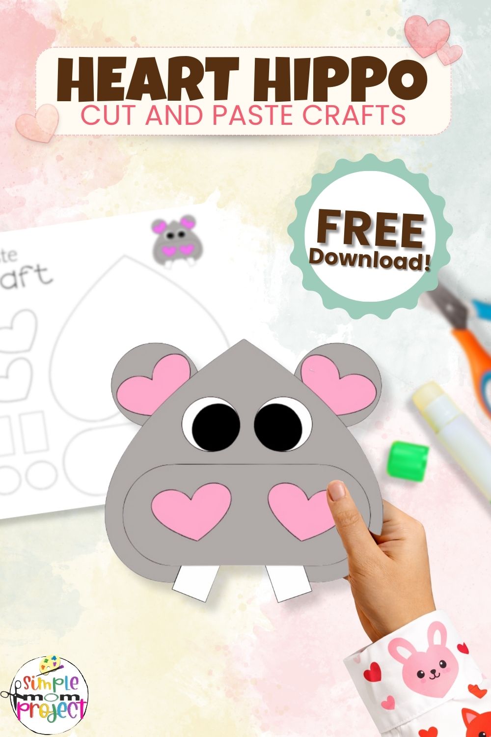 Printable heart hippo template for kids of all ages