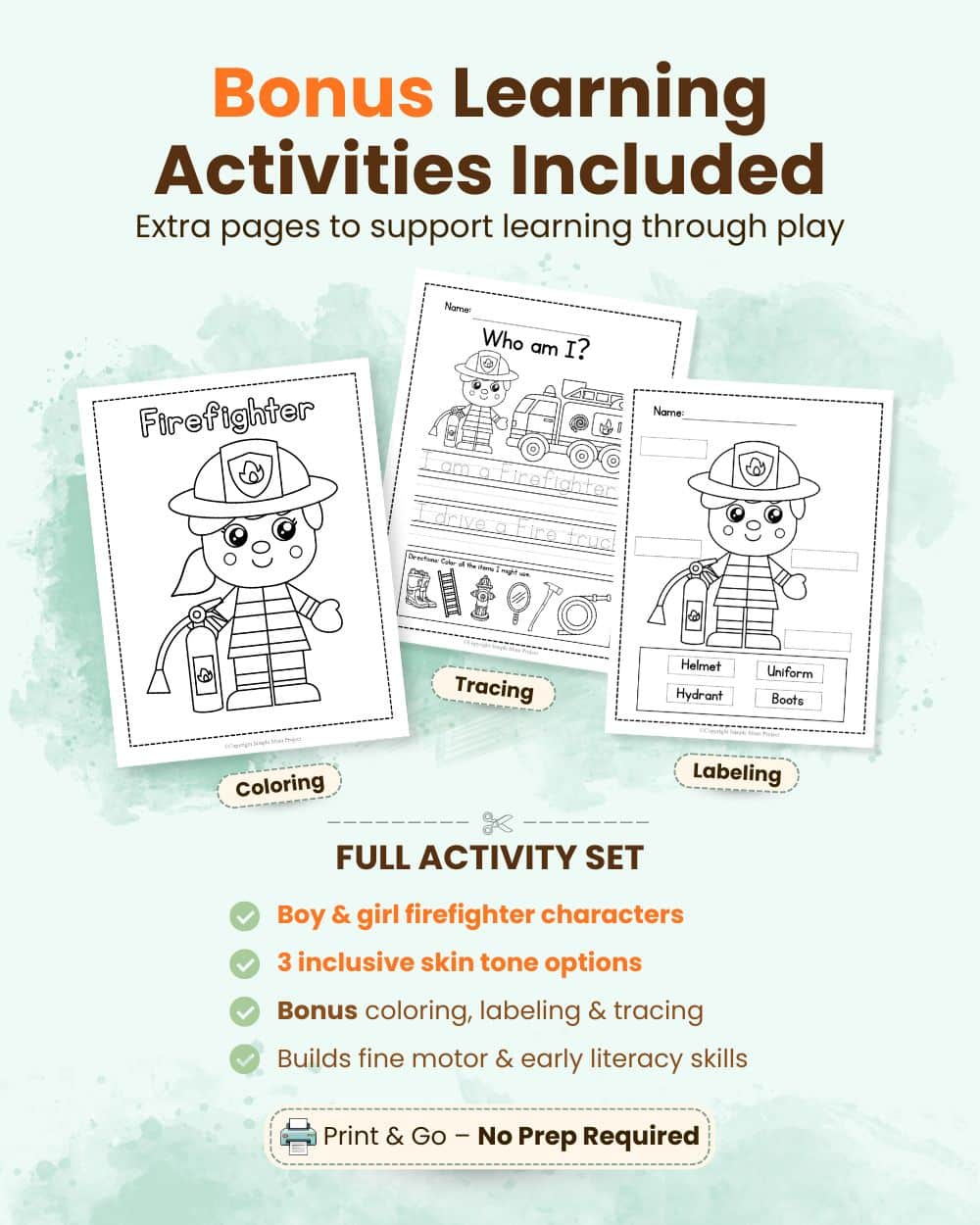 Inclusive firefighter craft printable with boy and girl characters, multiple skin tones, and bonus learning activities
