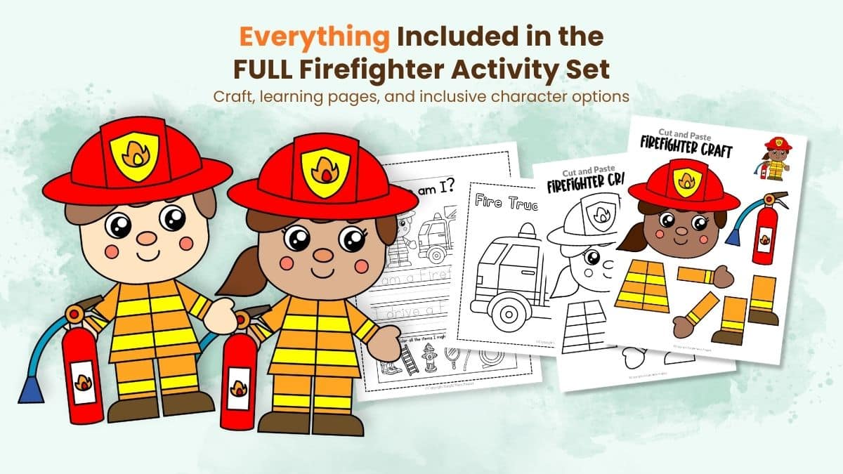 Printable firefighter activity set for preschool and kindergarten with craft, coloring, labeling, and tracing pages