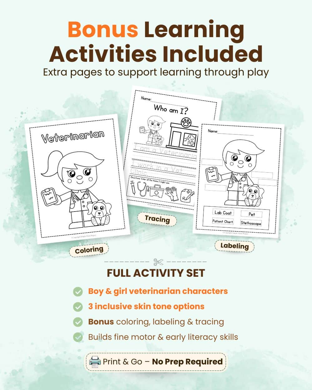 Inclusive veterinarian craft printable with boy and girl characters and multiple skin tones