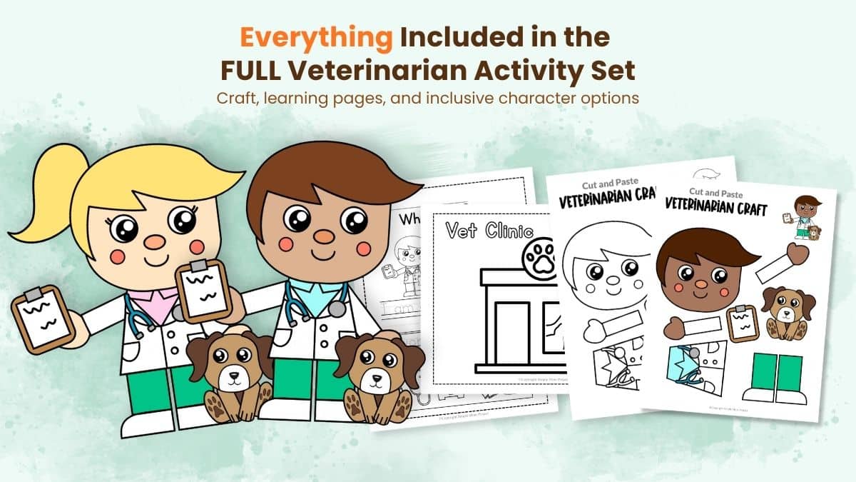 Printable veterinarian activity set for preschool with coloring, labeling, and tracing activities