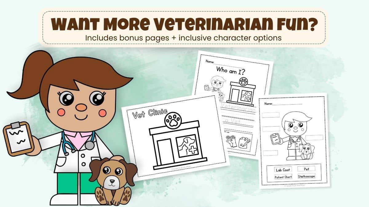 Full veterinarian activity set with cut and paste craft and learning pages for kids