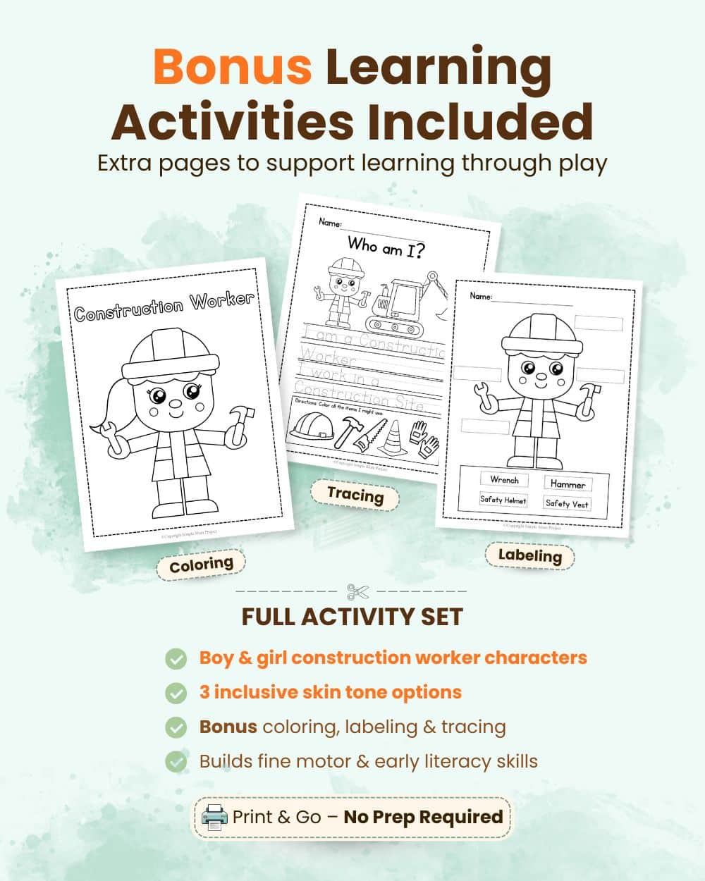 Inclusive construction worker craft printable with boy and girl characters and multiple skin tones