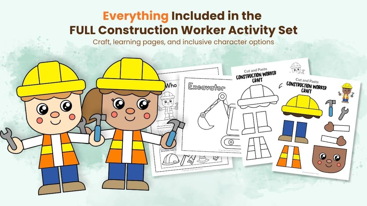 Printable construction worker activity set for preschool with coloring, labeling, and tracing pages