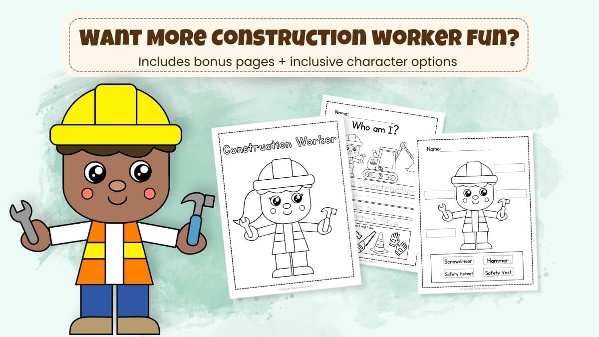 Full construction worker activity set with cut and paste craft and learning pages for kids