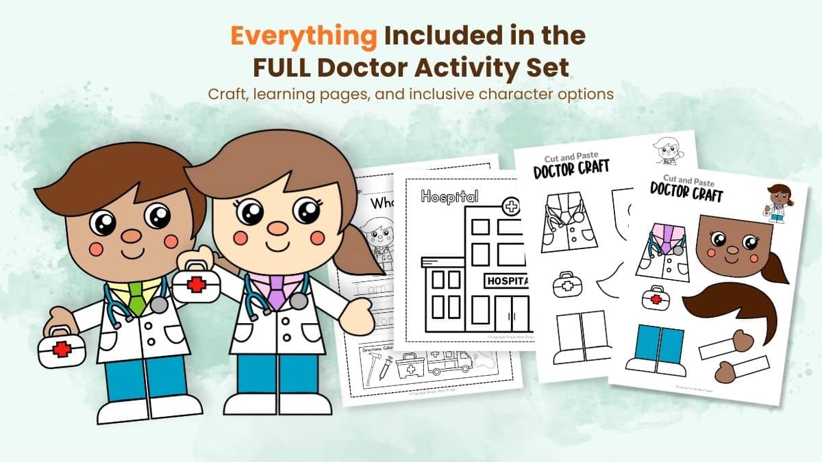 Printable doctor activity set for preschool and kindergarten with coloring and labeling activities