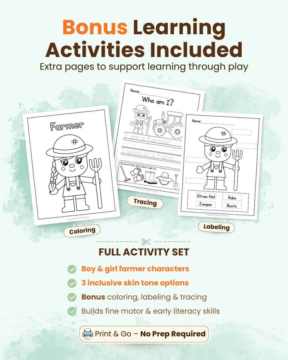 Inclusive farmer craft printable with boy and girl characters and multiple skin tones