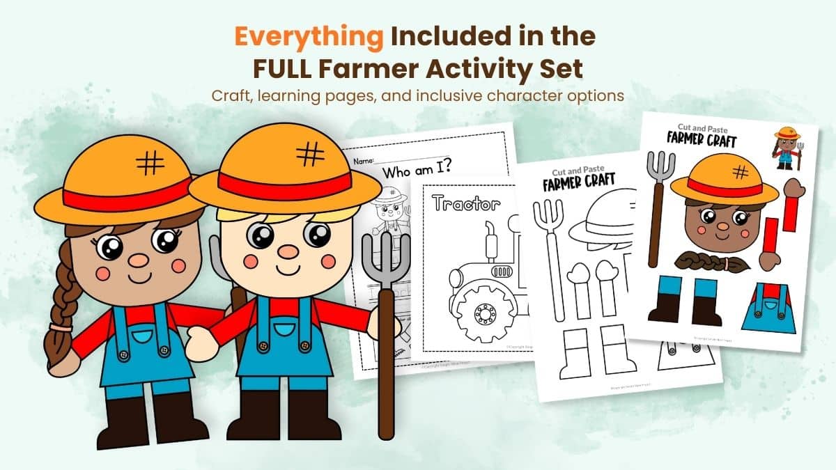 Printable farmer activity set for kids with coloring, labeling, and tracing pages