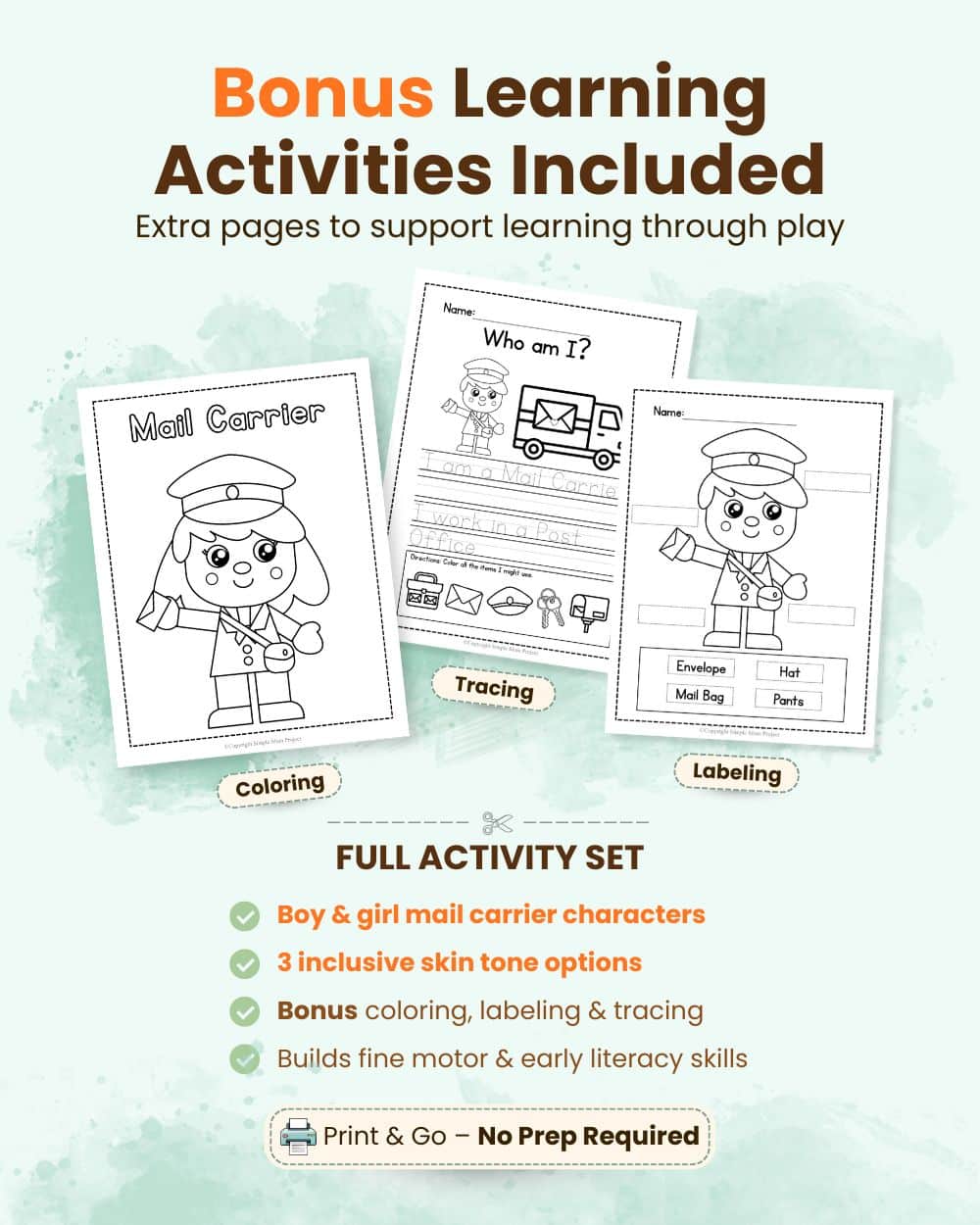 Inclusive mail carrier craft printable with boy and girl characters and multiple skin tones