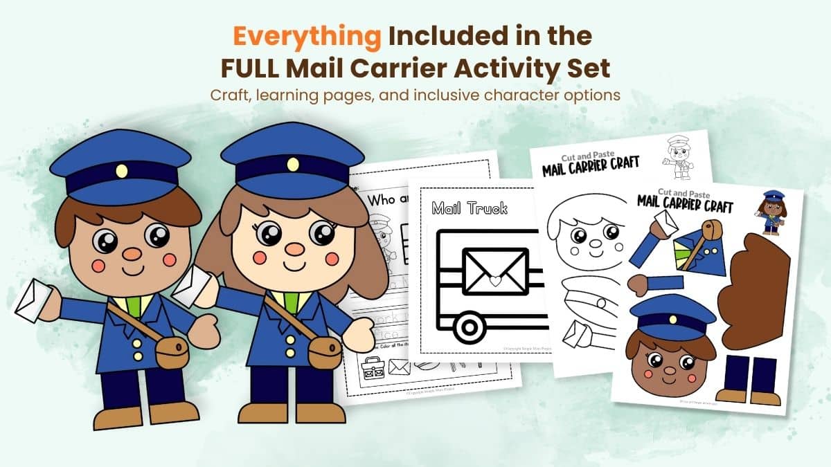 Printable mail carrier activity set for preschool with coloring, labeling, and tracing activities