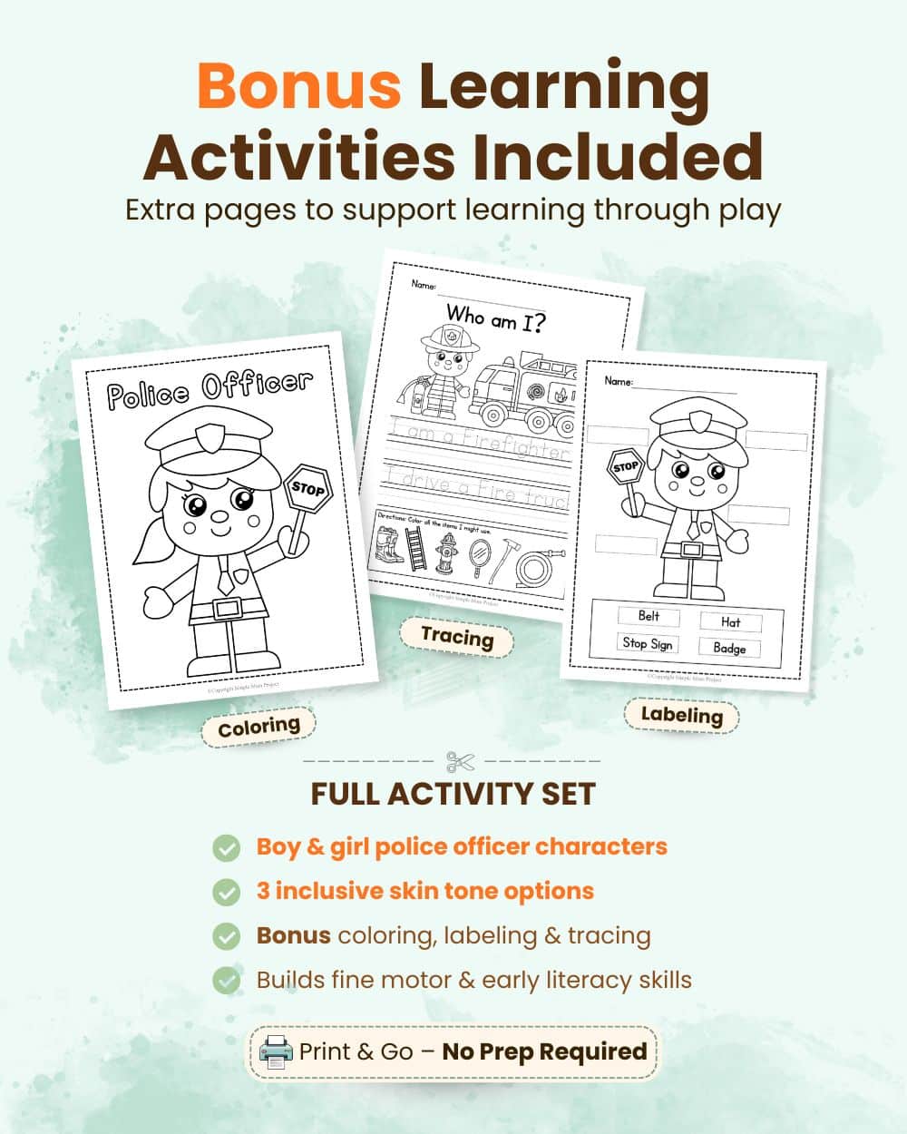 Inclusive police officer craft printable with boy and girl characters and multiple skin tones