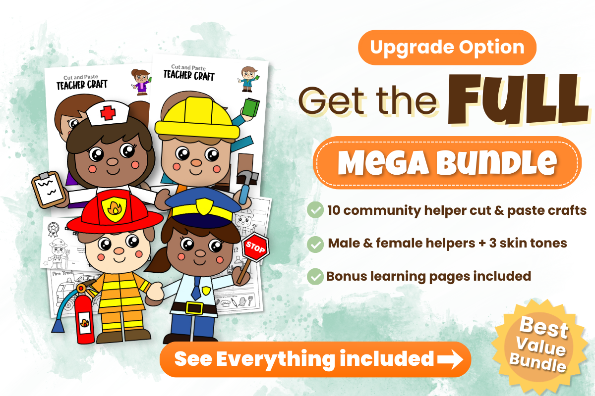 Community helper cut and paste mega bundle with 10 printable crafts, male and female helpers, three skin tones, and bonus learning pages