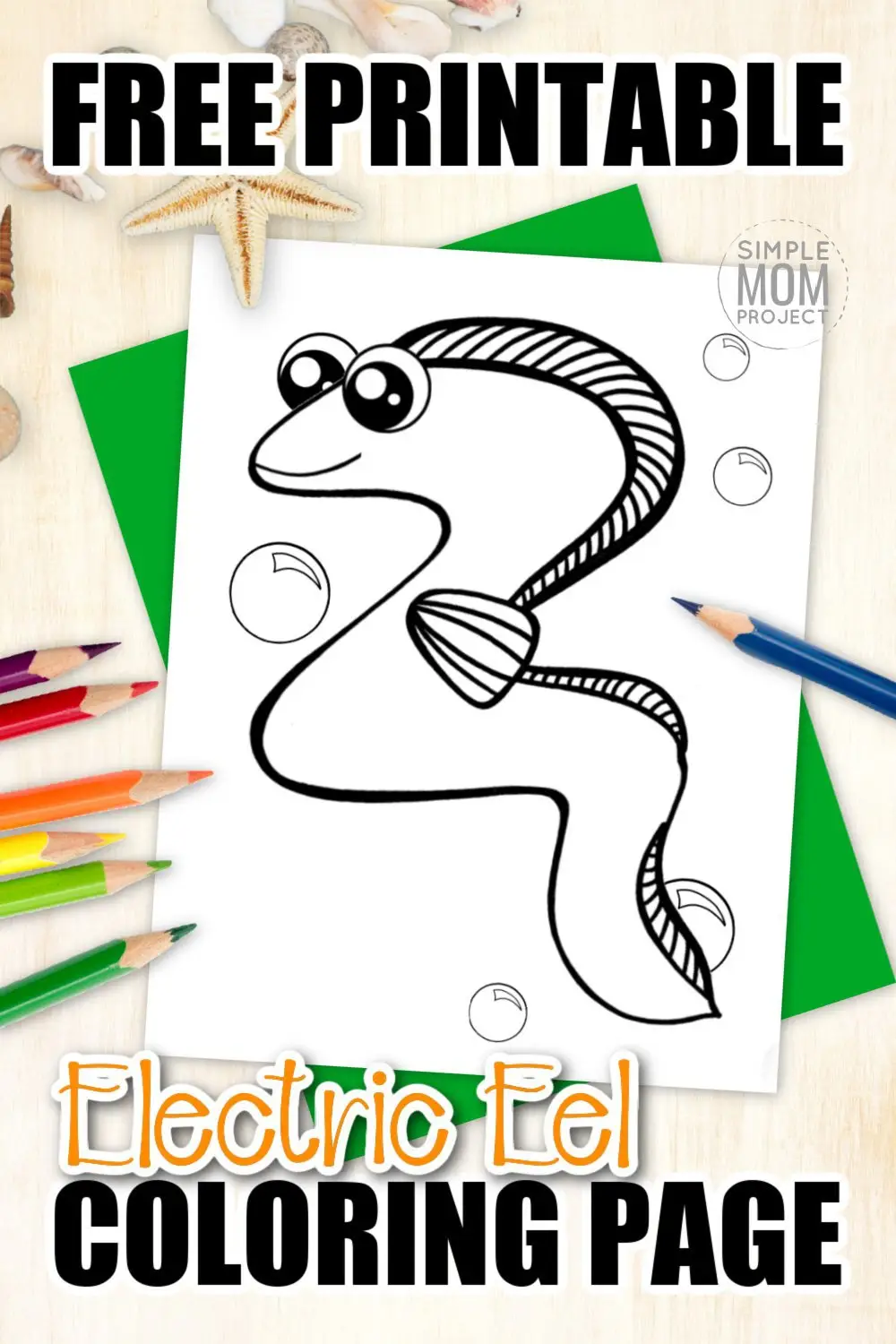 Electric Eel Fish are just another way to teach about the letter E. Why not add this adorable eel coloring page to your sea animal alphabet collection. Draw or sketch your favorite electric designs on him or just simply color him green. As a friend to the moray, guler and wolf eel, this fun eel coloring sheet is the perfect art project for kids of all ages! #eelcoloringpages #electriceelcoloringpage #SimpleMomProject