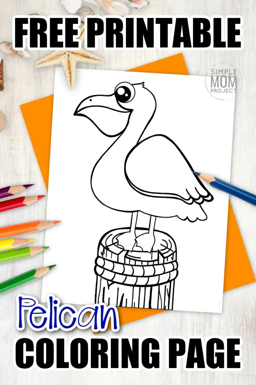 Pelicans are known to be found around Louisiana but can also be spotted in Australia. We decided it would be fun to add this brown pelican bird drawing to our ocean theme art projects. Click and download this free printable pelican sketch coloring page today! Kids of all ages will love him, including preschoolers and toddlers! #PelicanColoring #BirdColoring #SimpleMomProject