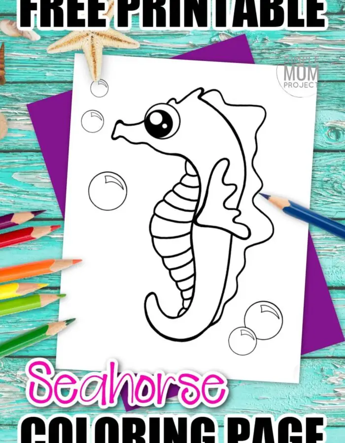We love seahorse cartoons. They are so adorable and make the perfect coloring page. You and your kids can really expand this seahorse outline by adding your own arts and crafts. Glitter? I think so! Adults, you can get involved too. Why not add some intricate designs and turn this simple seahorse coloring page into a full mandala coloring sheet? #seahorsecoloring #oceananimalcoloring #SimpleMomProject