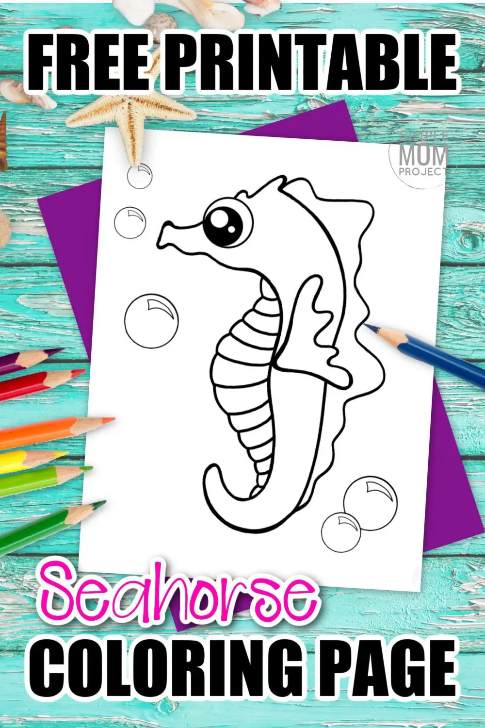 We love seahorse cartoons. They are so adorable and make the perfect coloring page. You and your kids can really expand this seahorse outline by adding your own arts and crafts. Glitter? I think so! Adults, you can get involved too. Why not add some intricate designs and turn this simple seahorse coloring page into a full mandala coloring sheet? #seahorsecoloring #oceananimalcoloring #SimpleMomProject