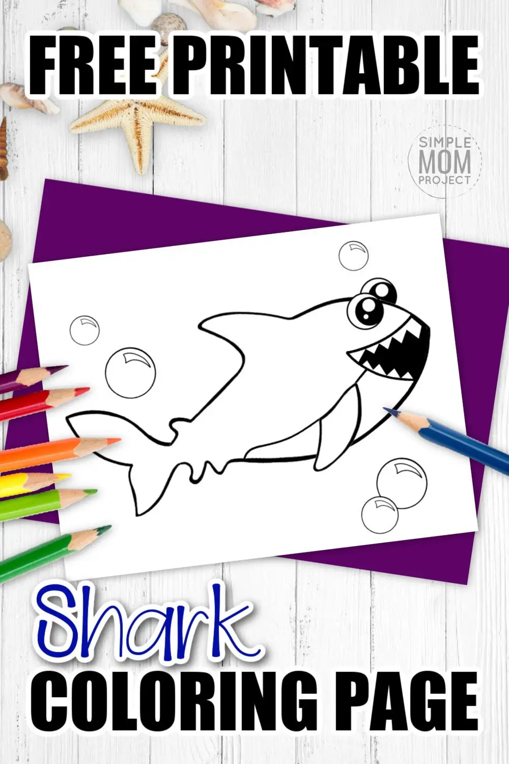 Baby shark doo doo by Pinkfong is a favorite in our house. So why not create a fun and adorable shark coloring page?! I know your kids, preschoolers, toddlers and kindergartners will love this shark. You can even encourage your kids to turn him into a hammerhead or add stripes so he becomes a tiger shark. We can’t forget about the great white though! Click and download this free printable shark coloring page today! #sharkcoloringpage #oceananimalcoloring #SimpleMomProject