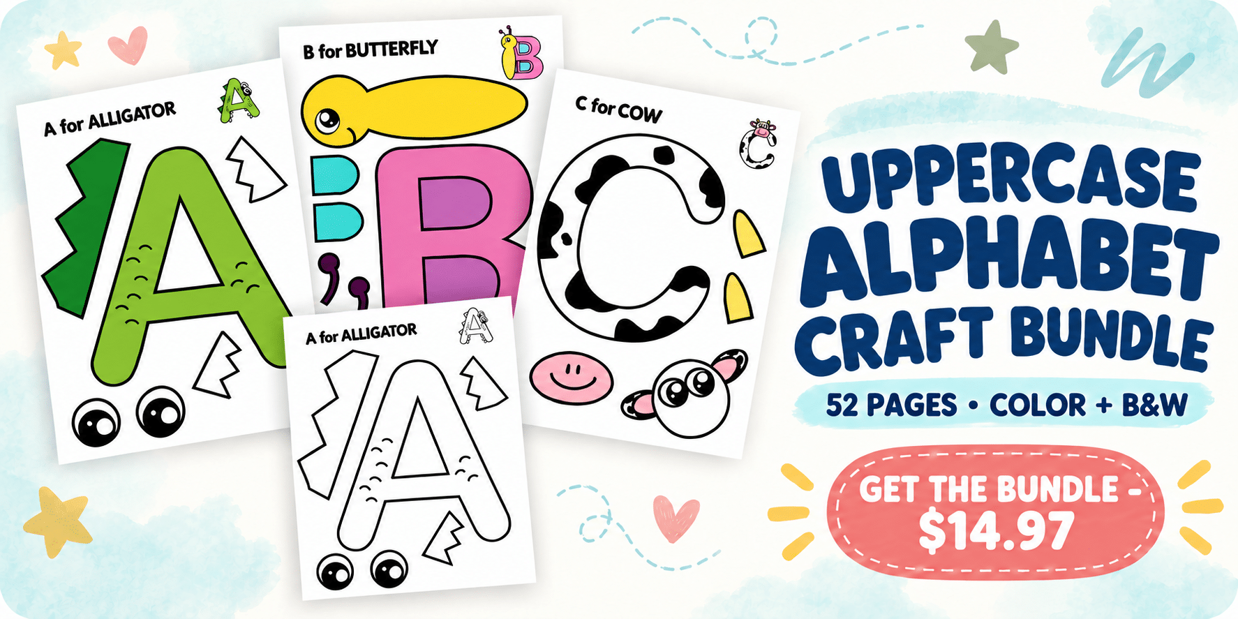 Shop the Uppercase Alphabet Craft Bundle with 26 A–Z crafts in color and black and white