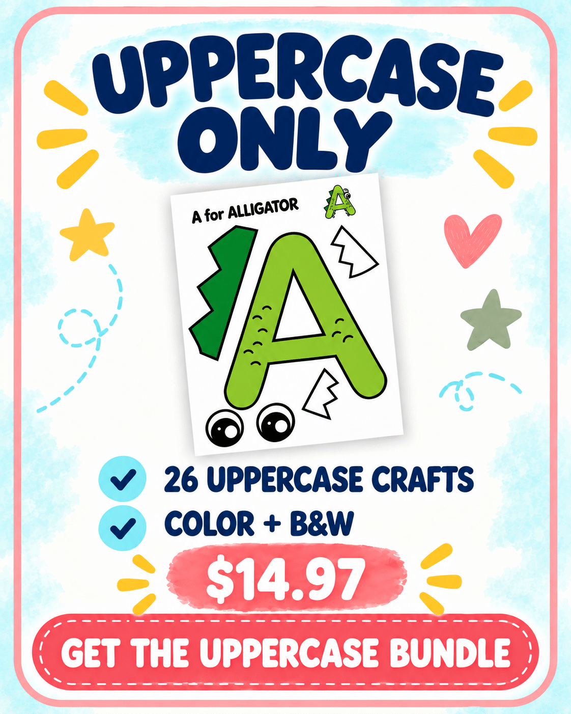 Uppercase-only alphabet craft bundle with 26 A–Z crafts in color and black and white