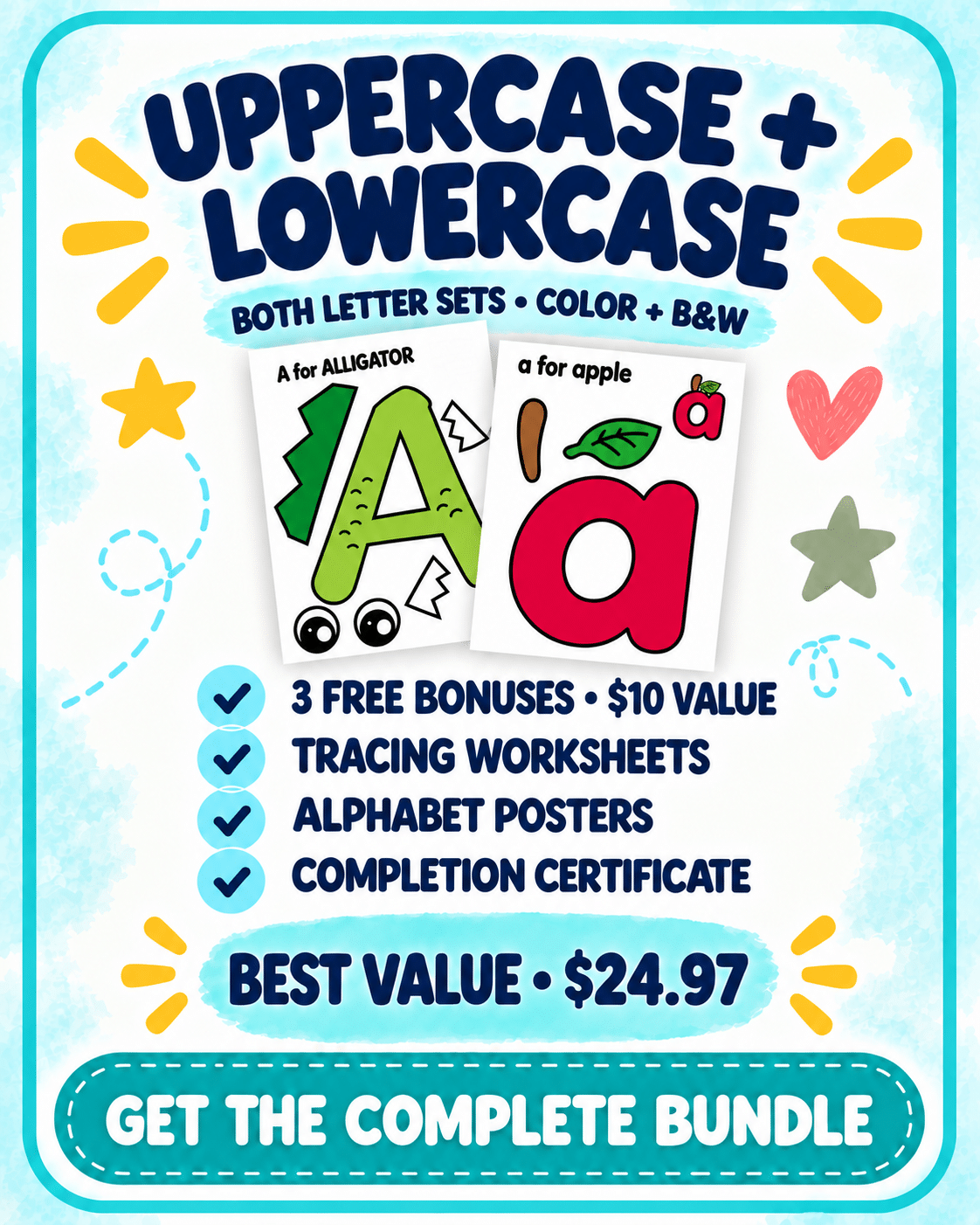Complete alphabet bundle with uppercase and lowercase crafts, tracing worksheets, posters, and a certificate
