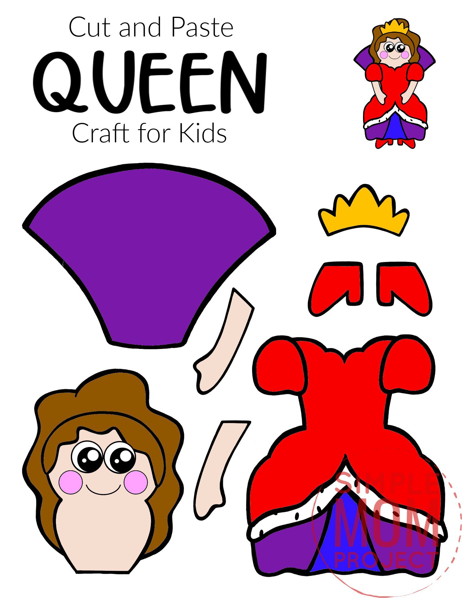 Free Printable Cut and Paste Queen Craft Template Craft for kids, preschoolers and toddlers