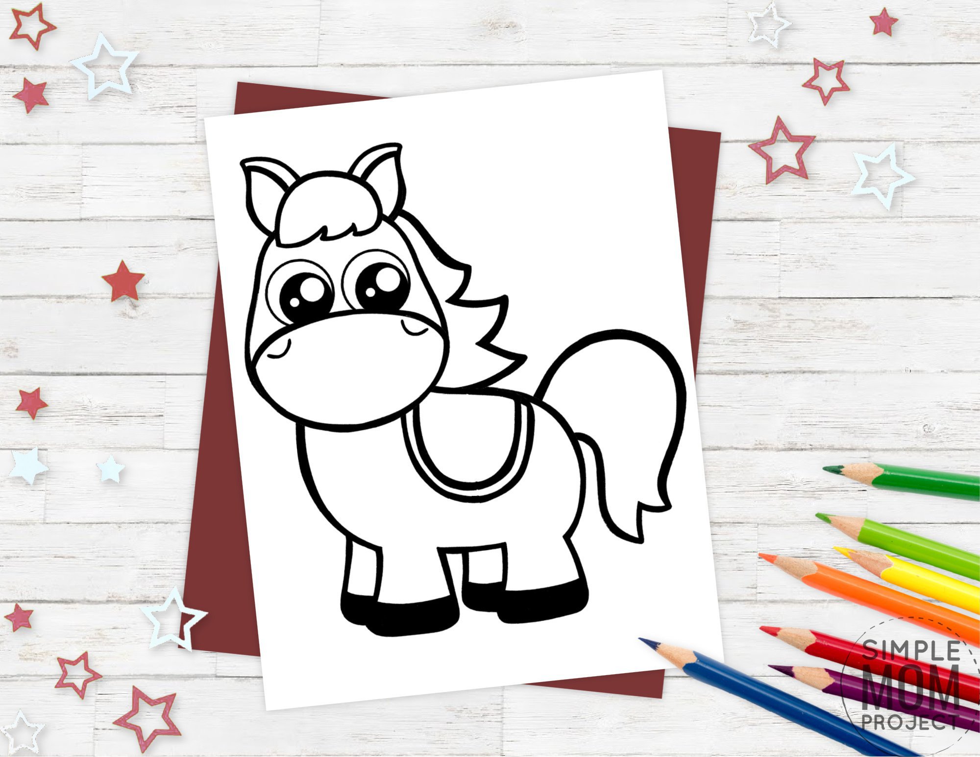 Free printable horse coloring page template for kids, preschoolers and kindergartners